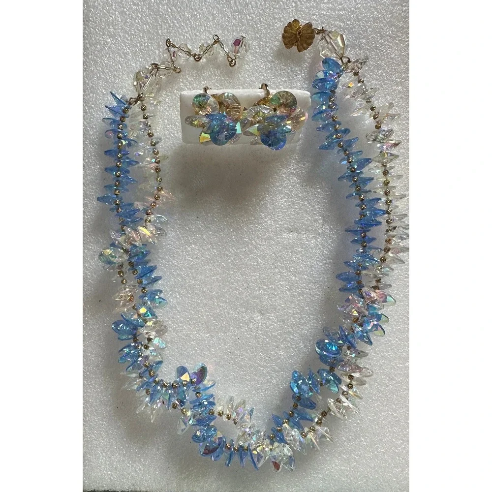 Vendome Blue & Clear Crystal Flat Bead Necklace and Earrings Set